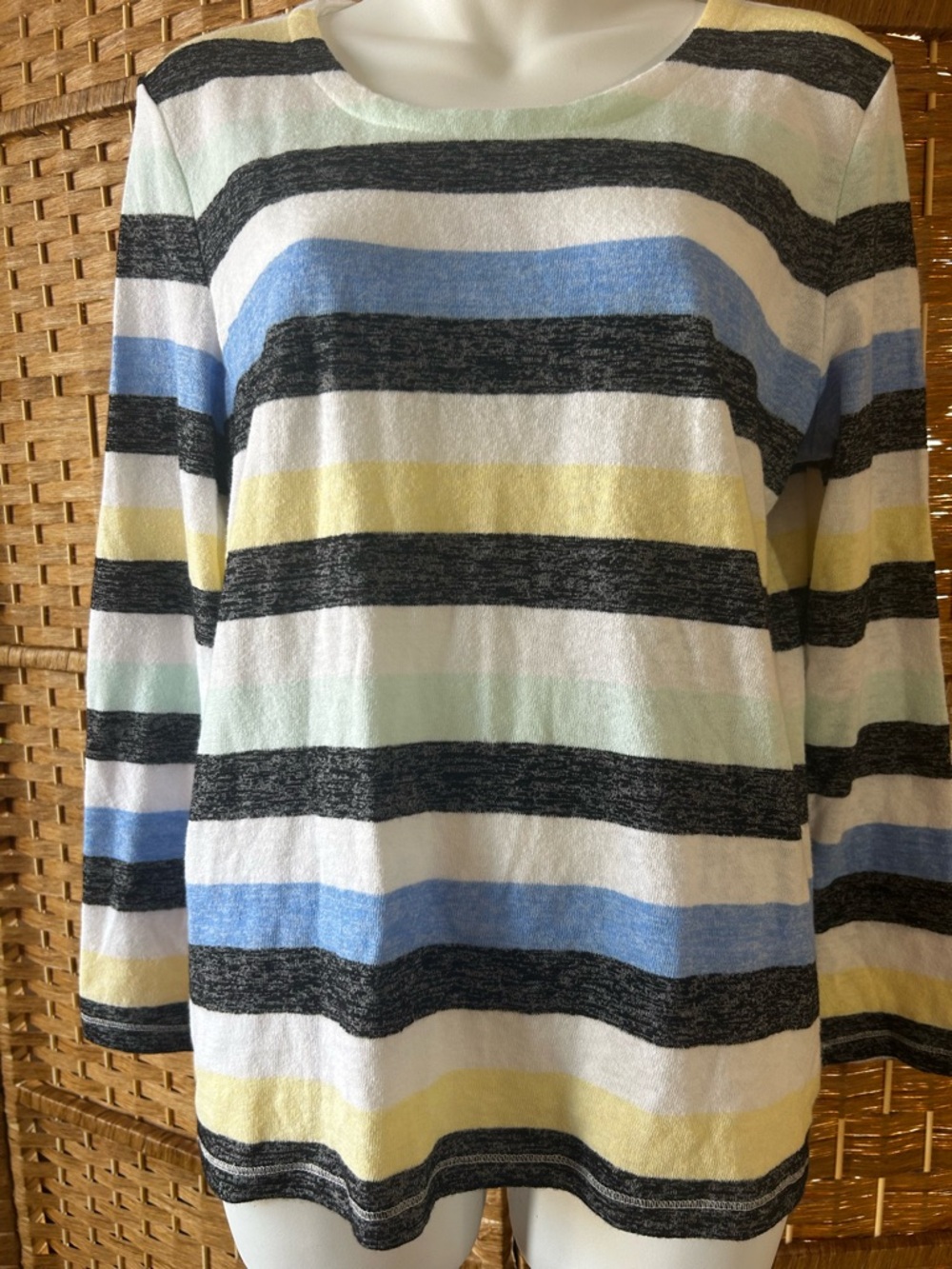 Coastal Striped Lightweight Knit Top Pastel Blue Yellow Relaxed Long Sleeve LP